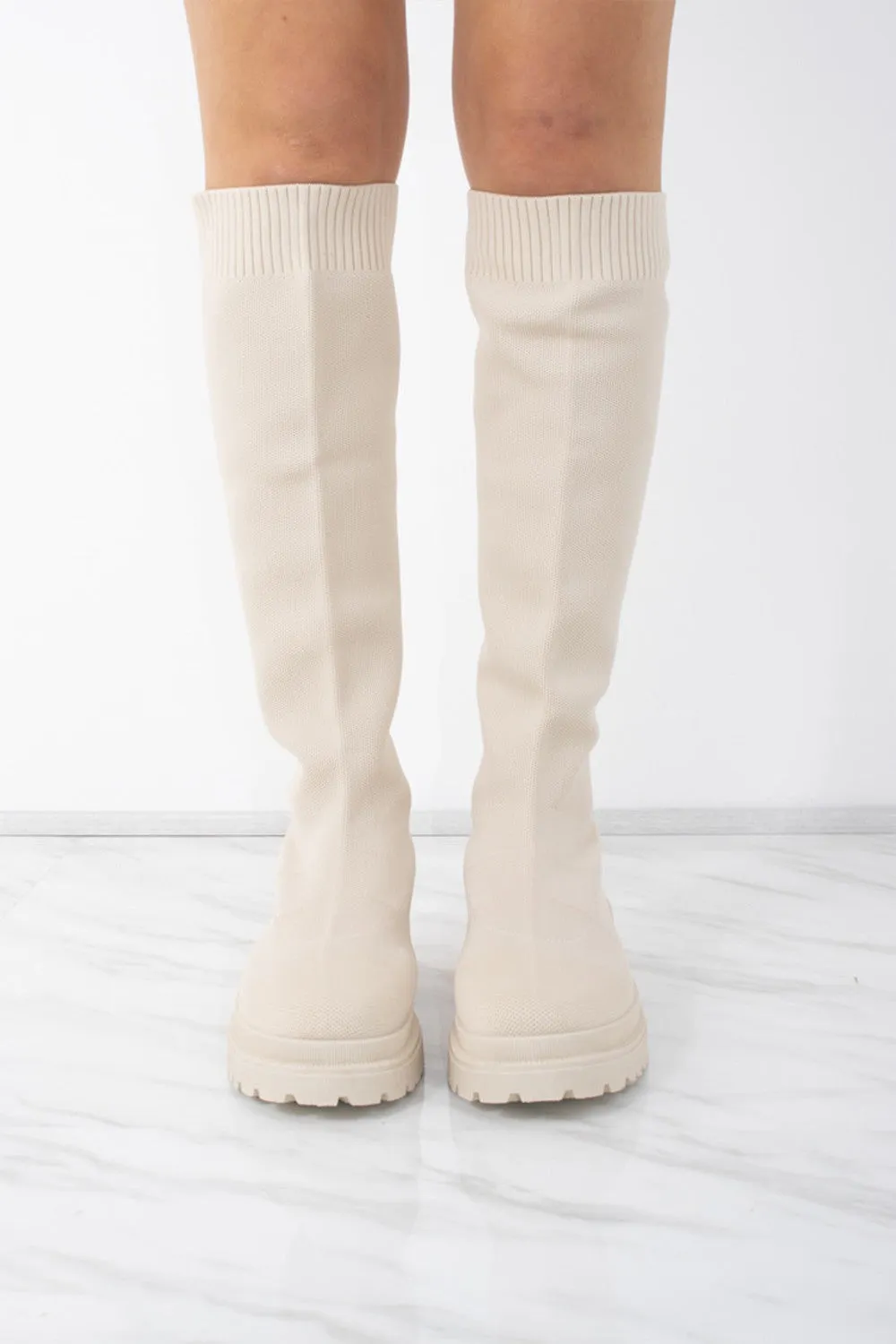 Beige Knee High Fabric Ribbed Sock Boot