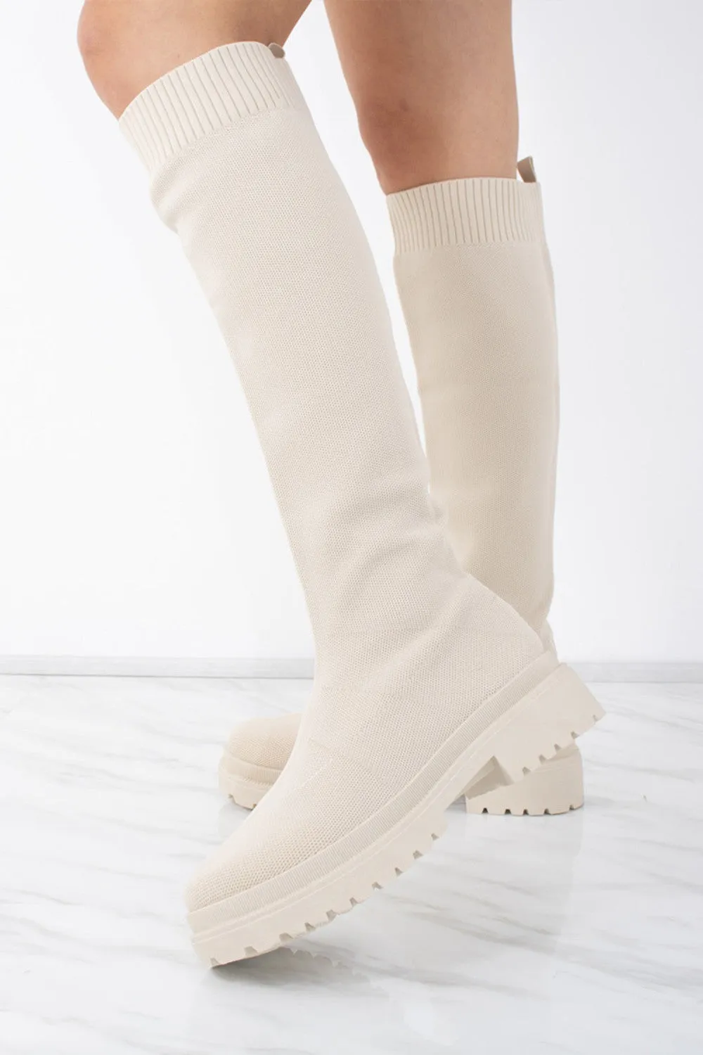 Beige Knee High Fabric Ribbed Sock Boot