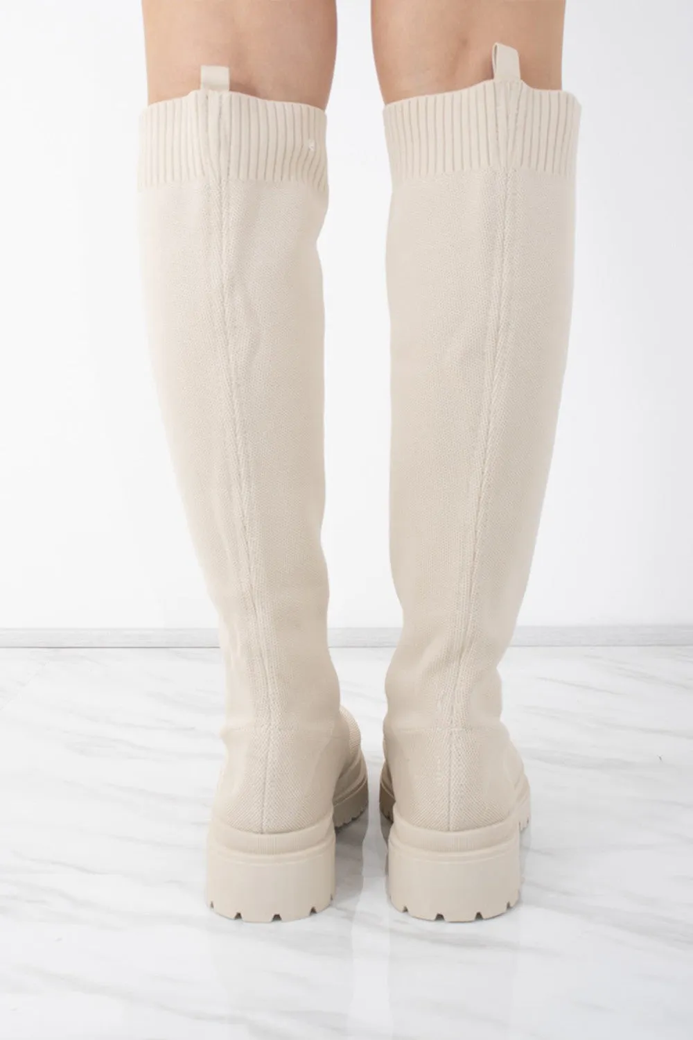 Beige Knee High Fabric Ribbed Sock Boot
