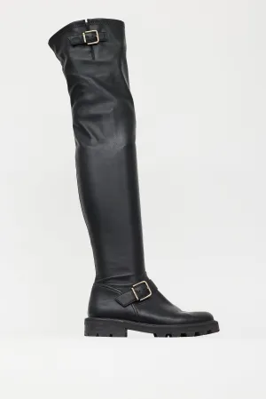 Black Leather Gold Buckle Knee High Boot