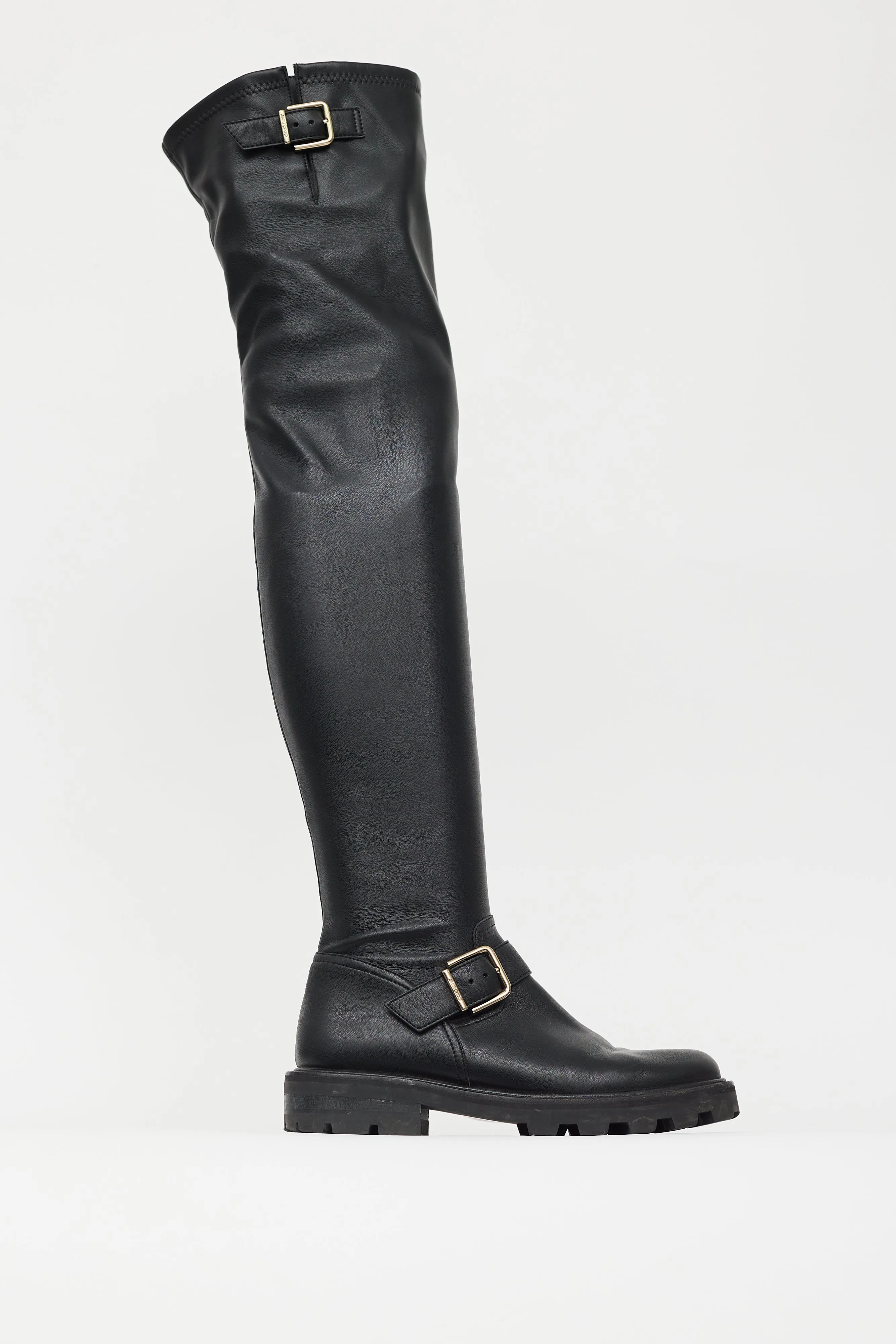 Black Leather Gold Buckle Knee High Boot