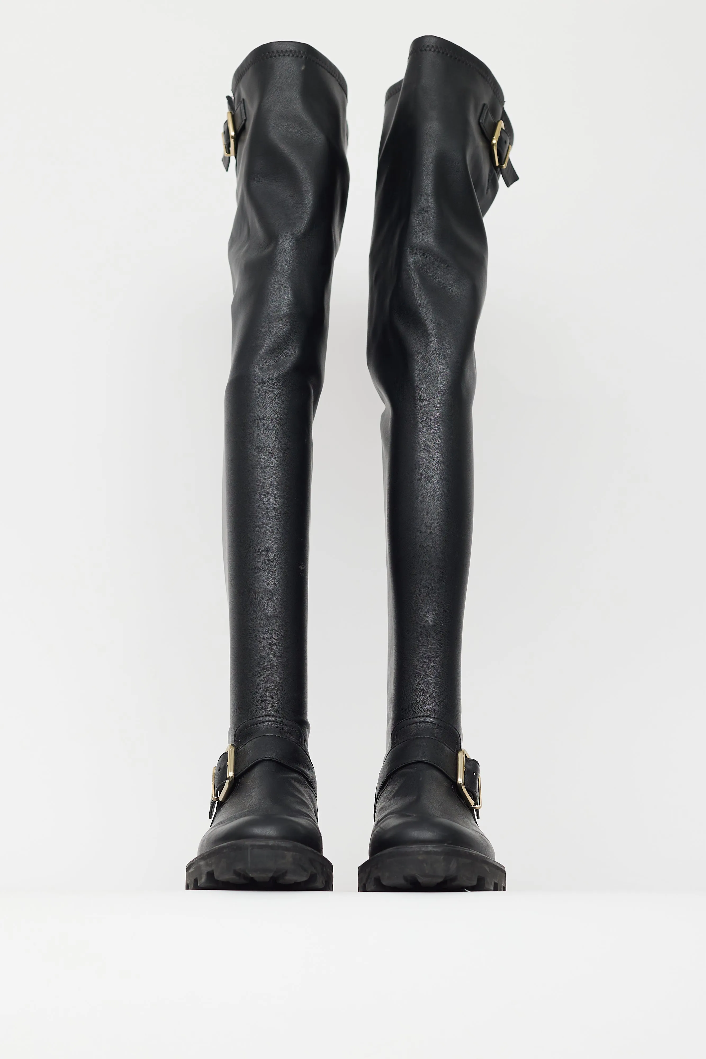 Black Leather Gold Buckle Knee High Boot