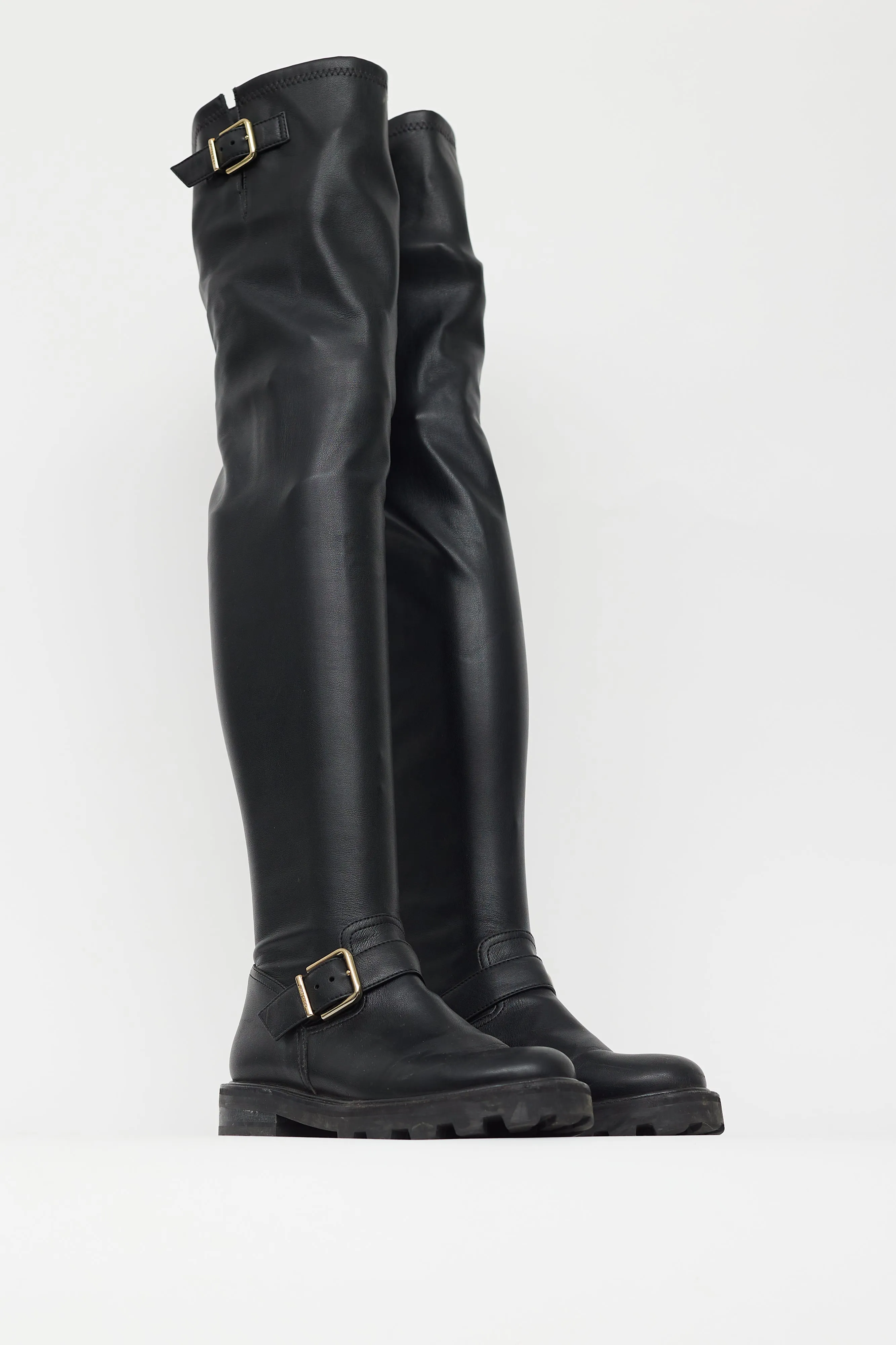 Black Leather Gold Buckle Knee High Boot
