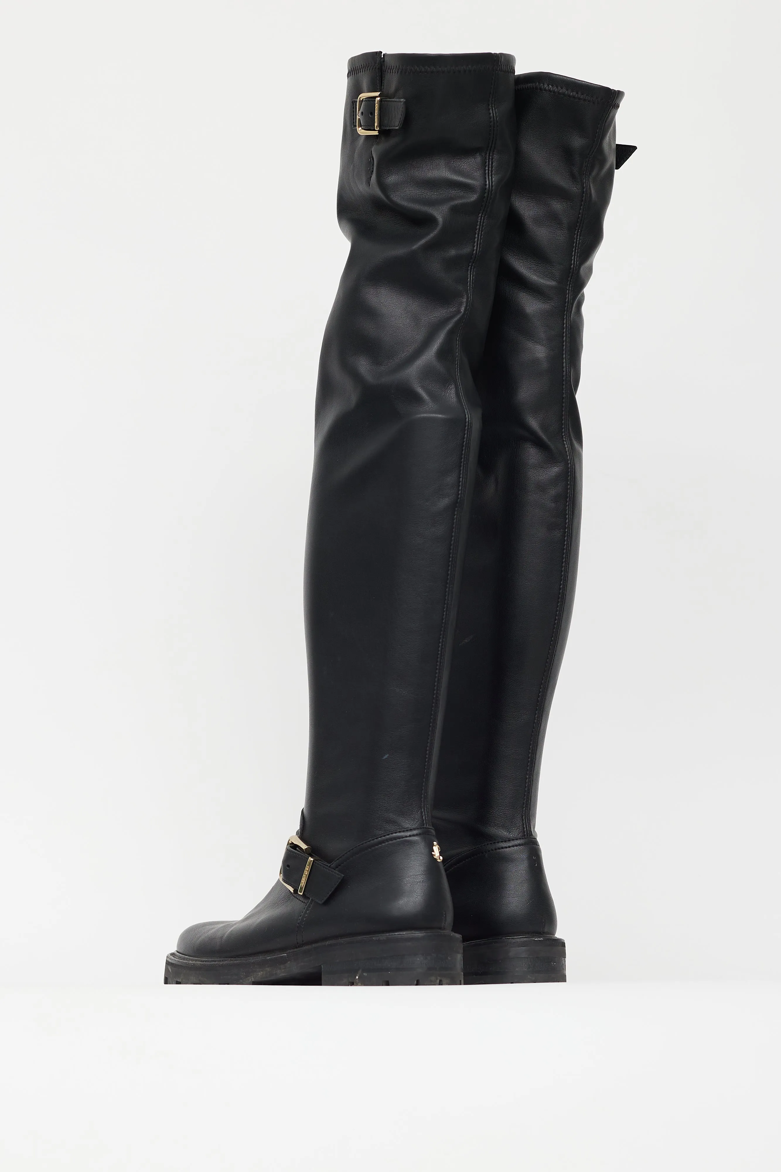 Black Leather Gold Buckle Knee High Boot