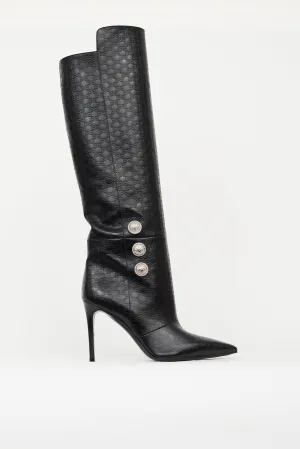 Black Leather Monogram Knee High Boot