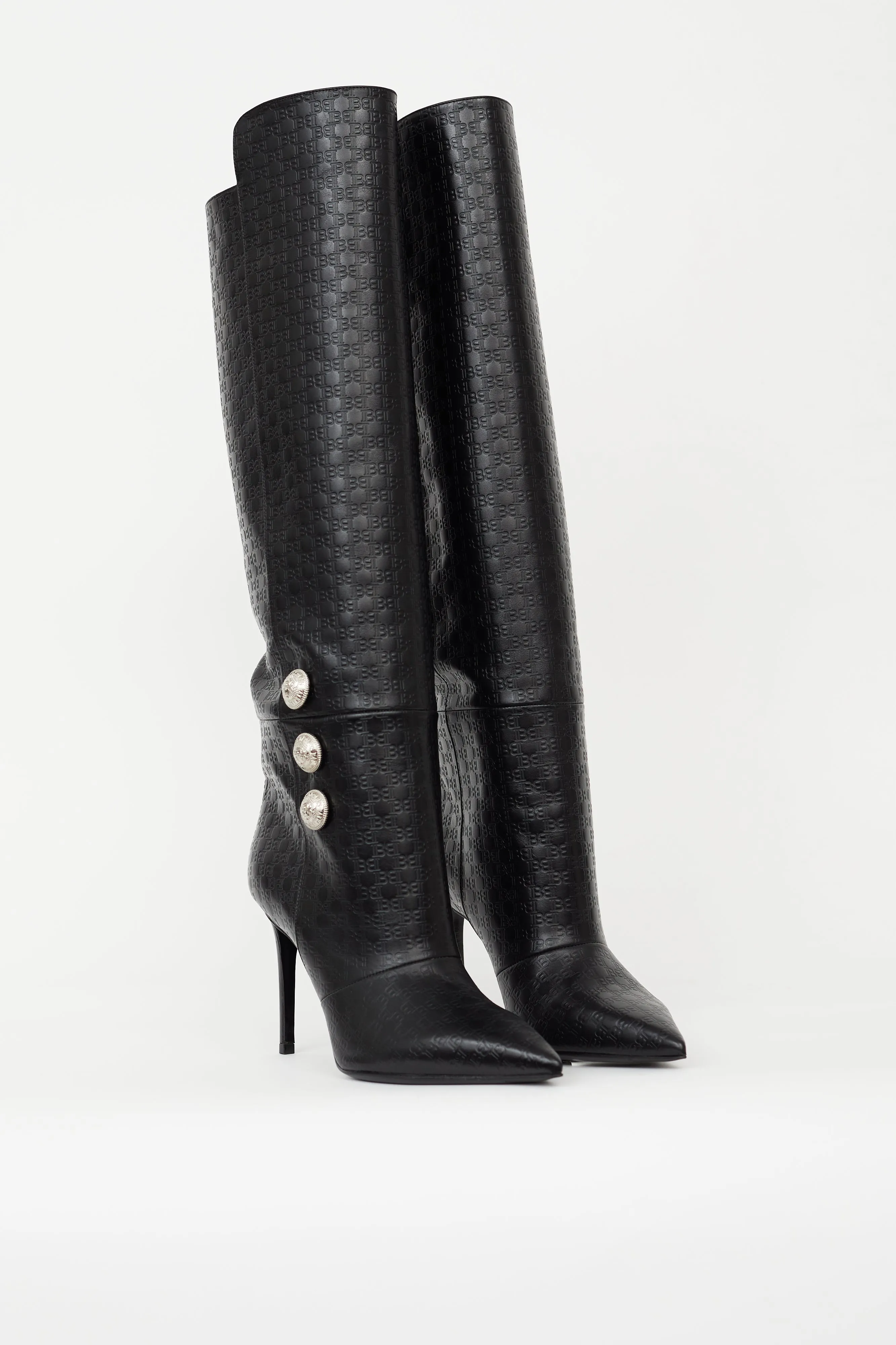 Black Leather Monogram Knee High Boot