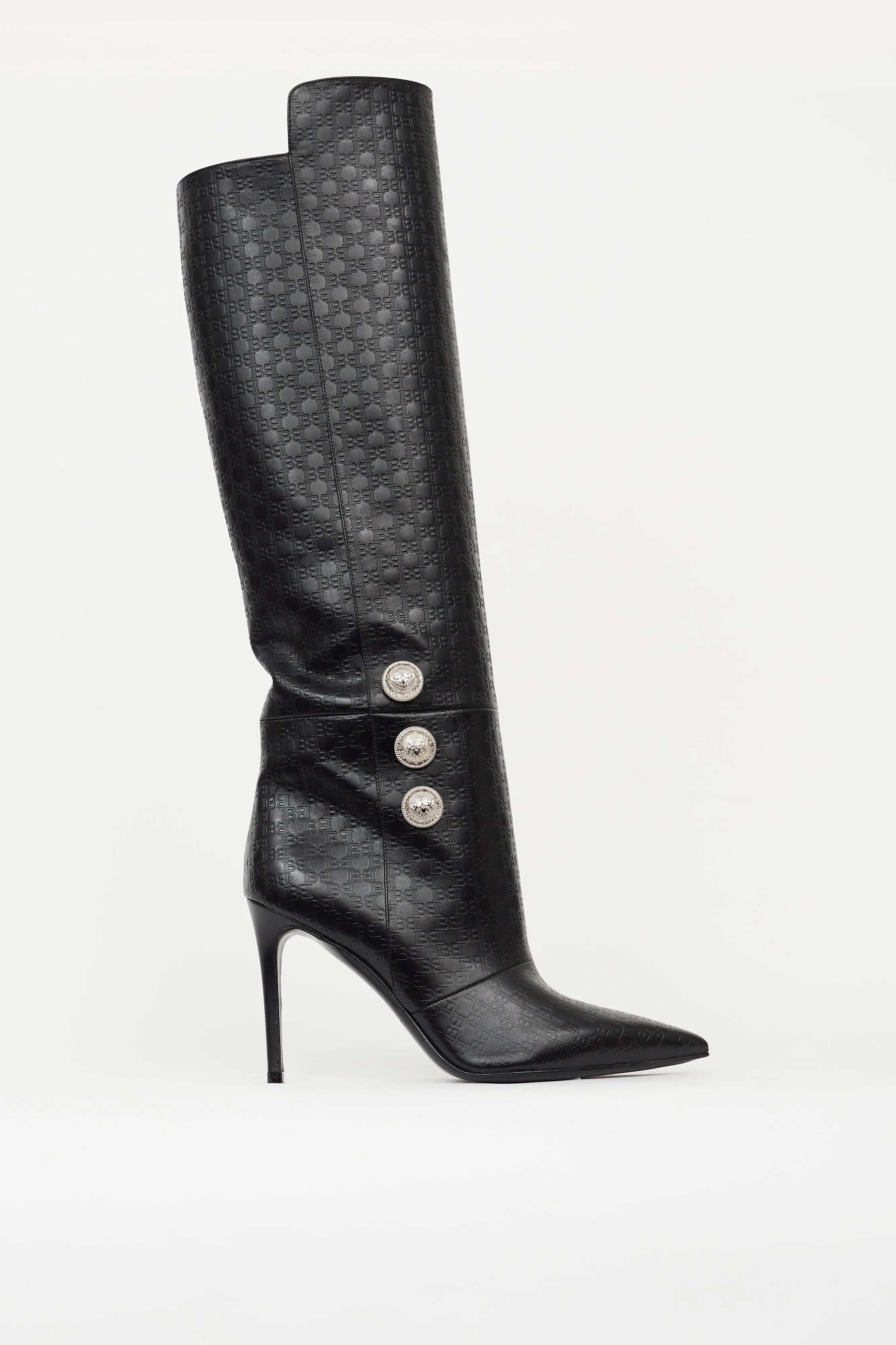 Black Leather Monogram Knee High Boot