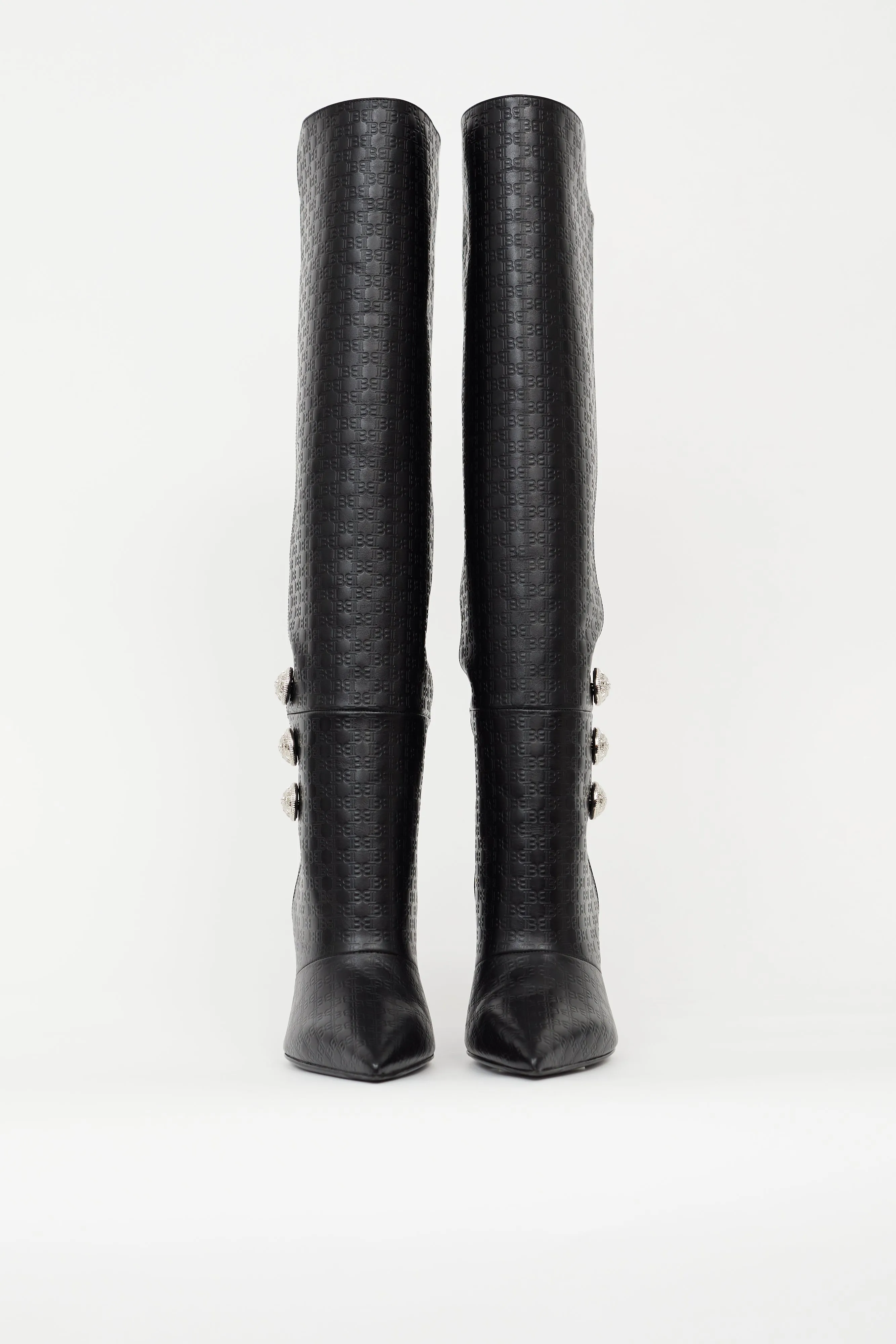 Black Leather Monogram Knee High Boot