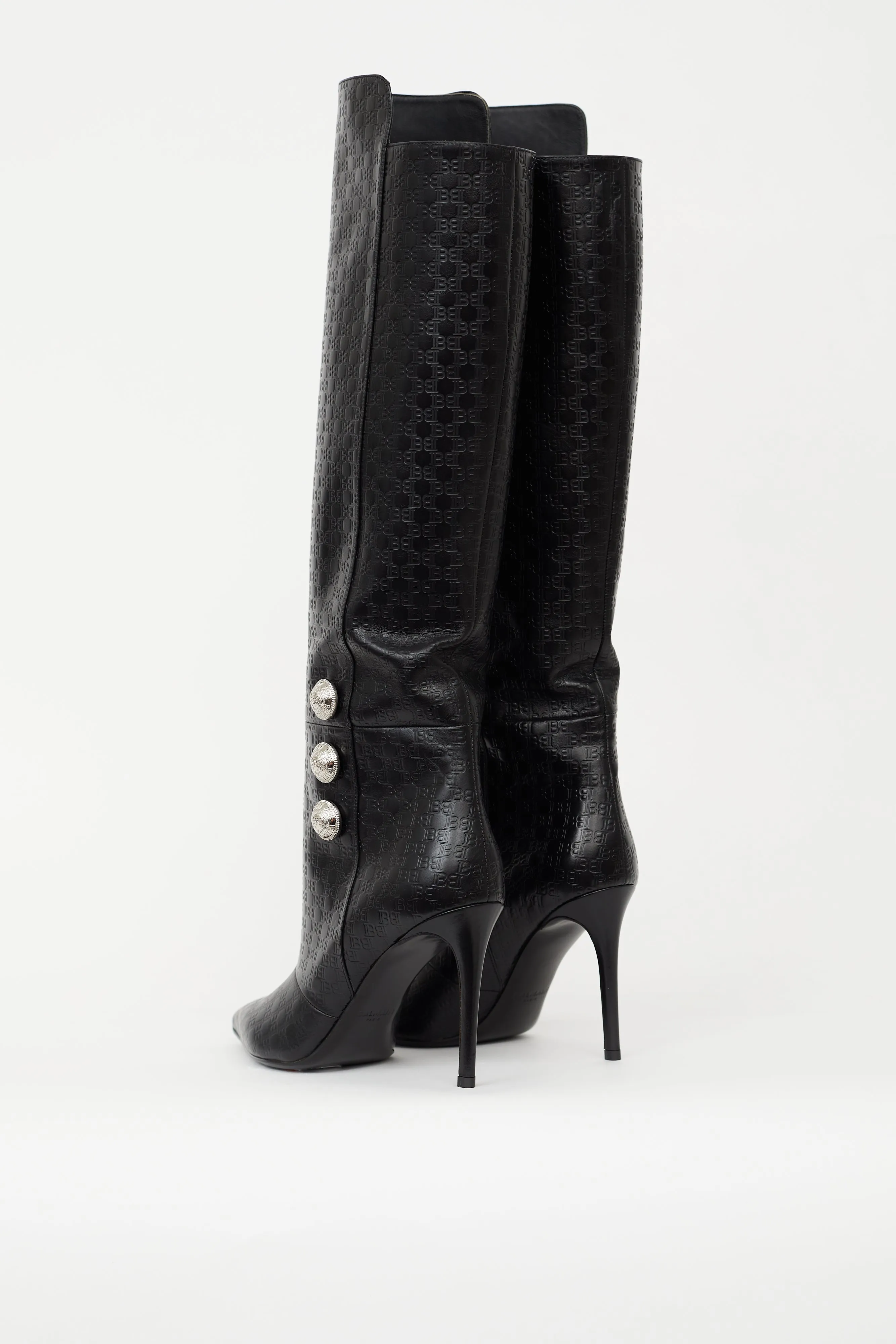 Black Leather Monogram Knee High Boot