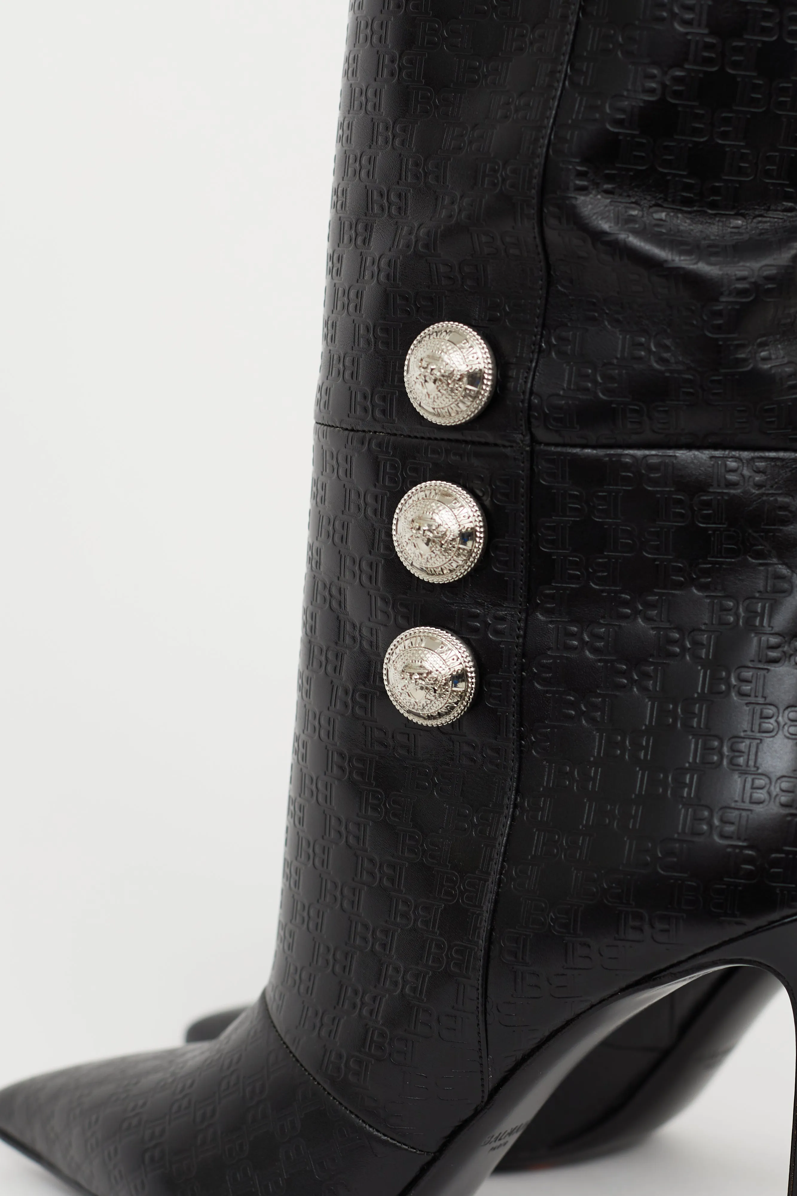 Black Leather Monogram Knee High Boot