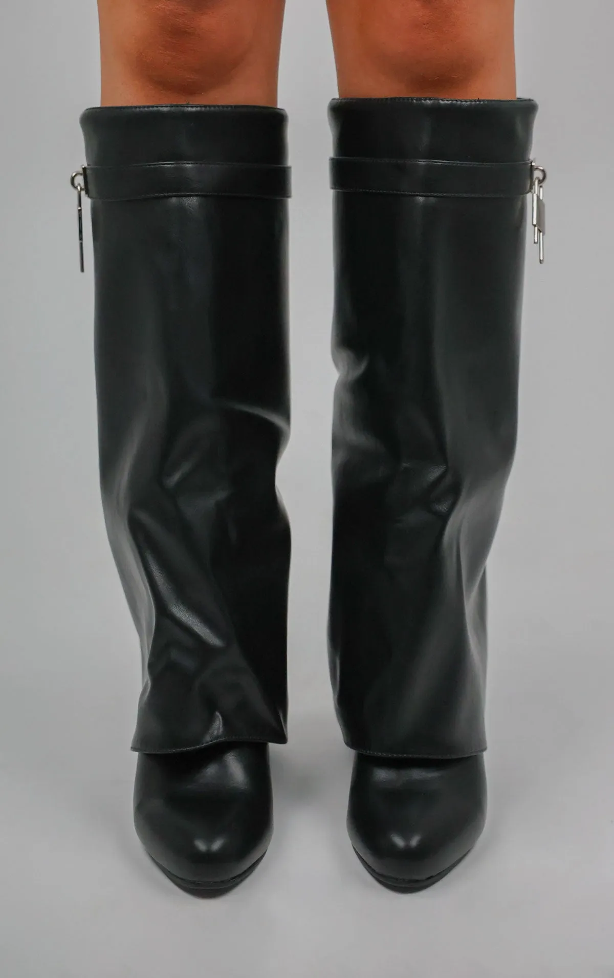 Black PU Padlock Knee High Fold Over Shark Boot