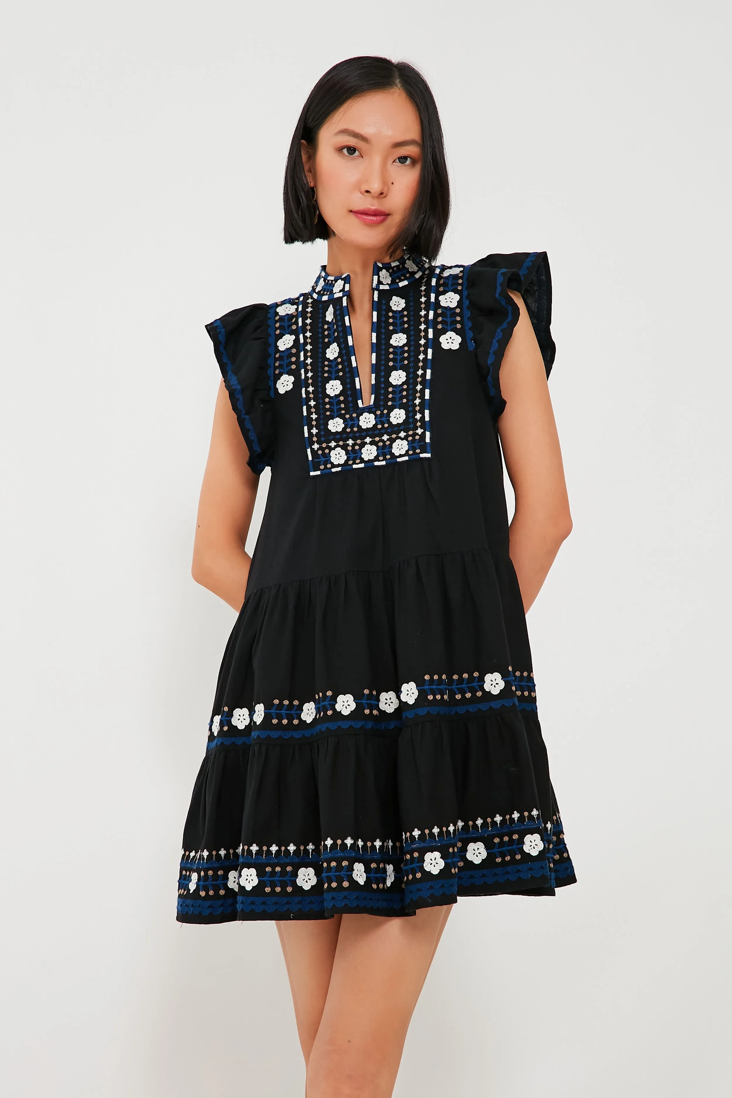 Black Shaina Embroidery Flutter Sleeve Dress