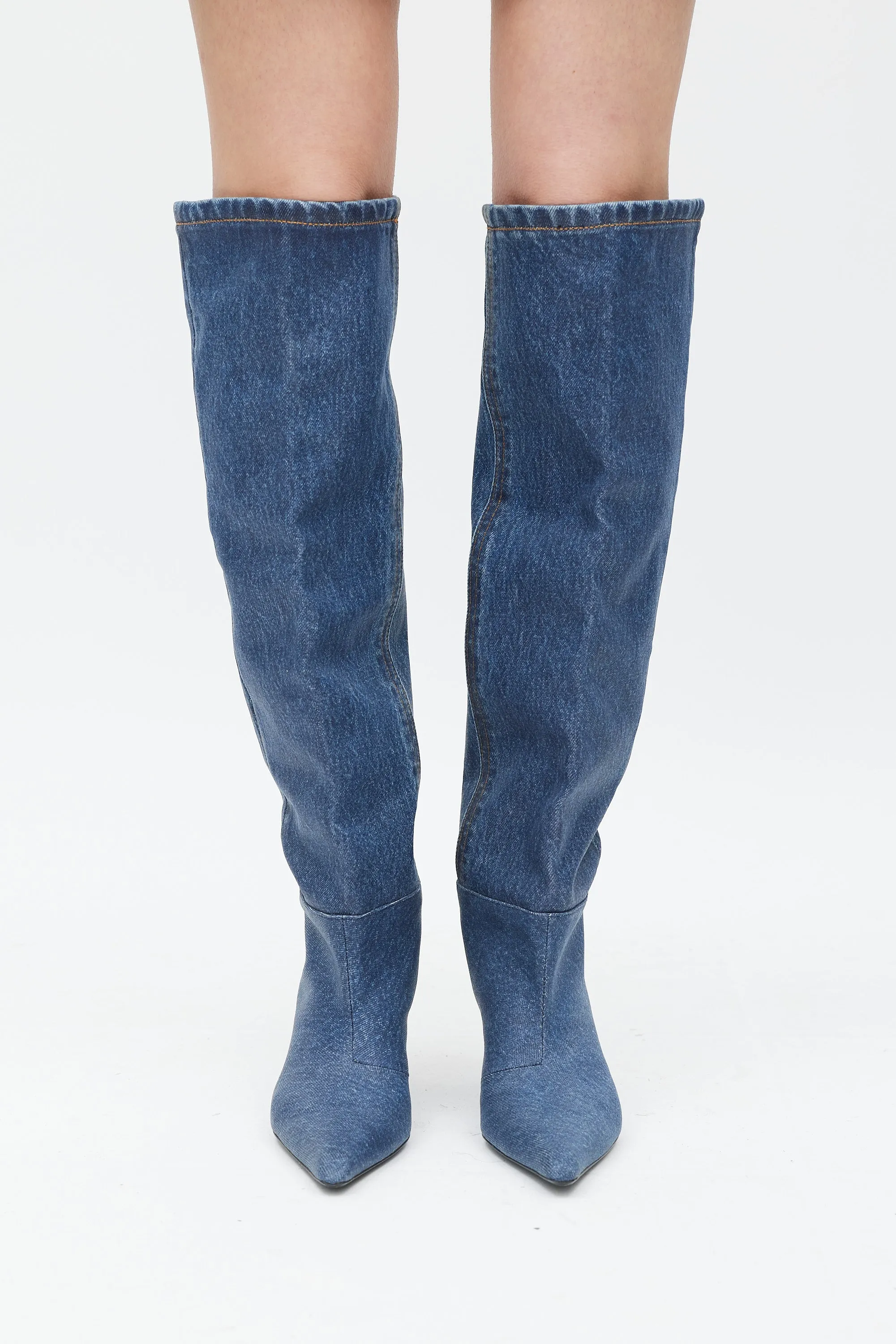 Blue Coated Denim Viola Knee High Boot