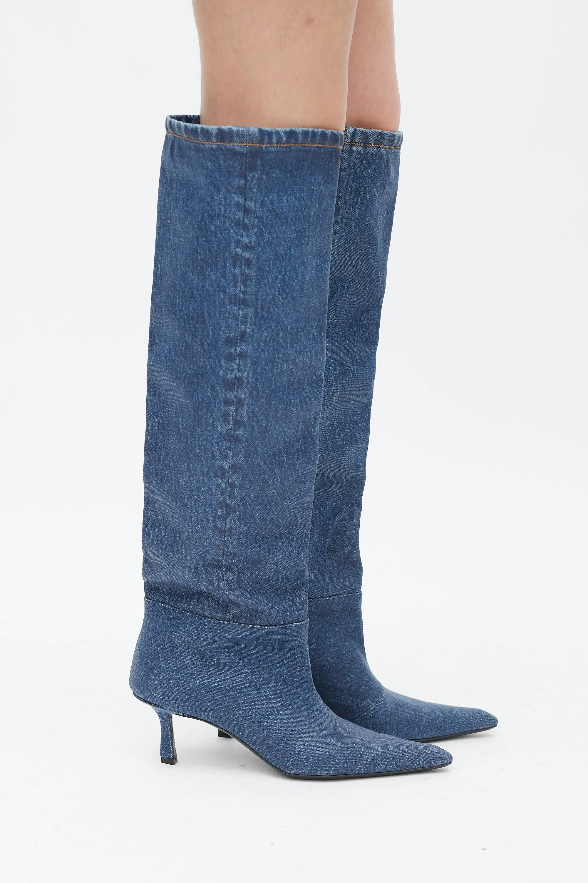 Blue Coated Denim Viola Knee High Boot