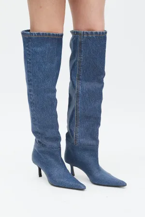 Blue Coated Denim Viola Knee High Boot