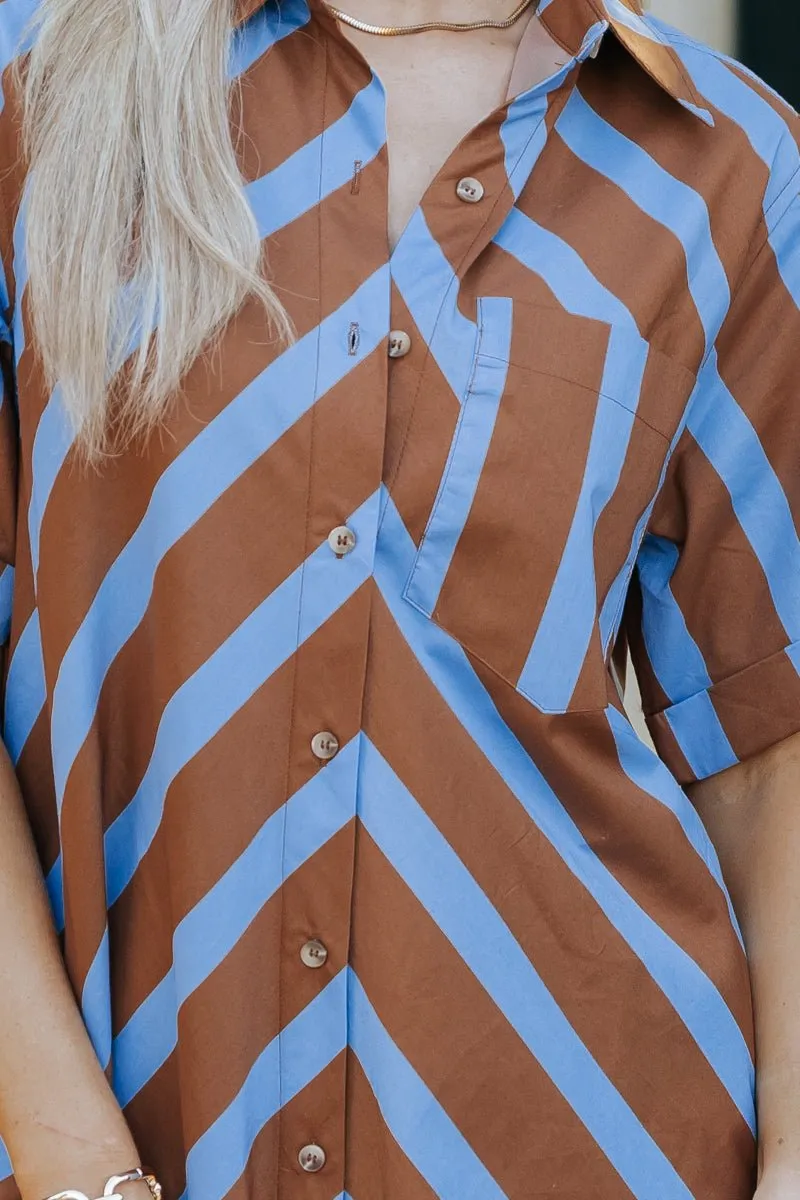 Brown and Blue Striped Mini Dress - DOORBUSTER
