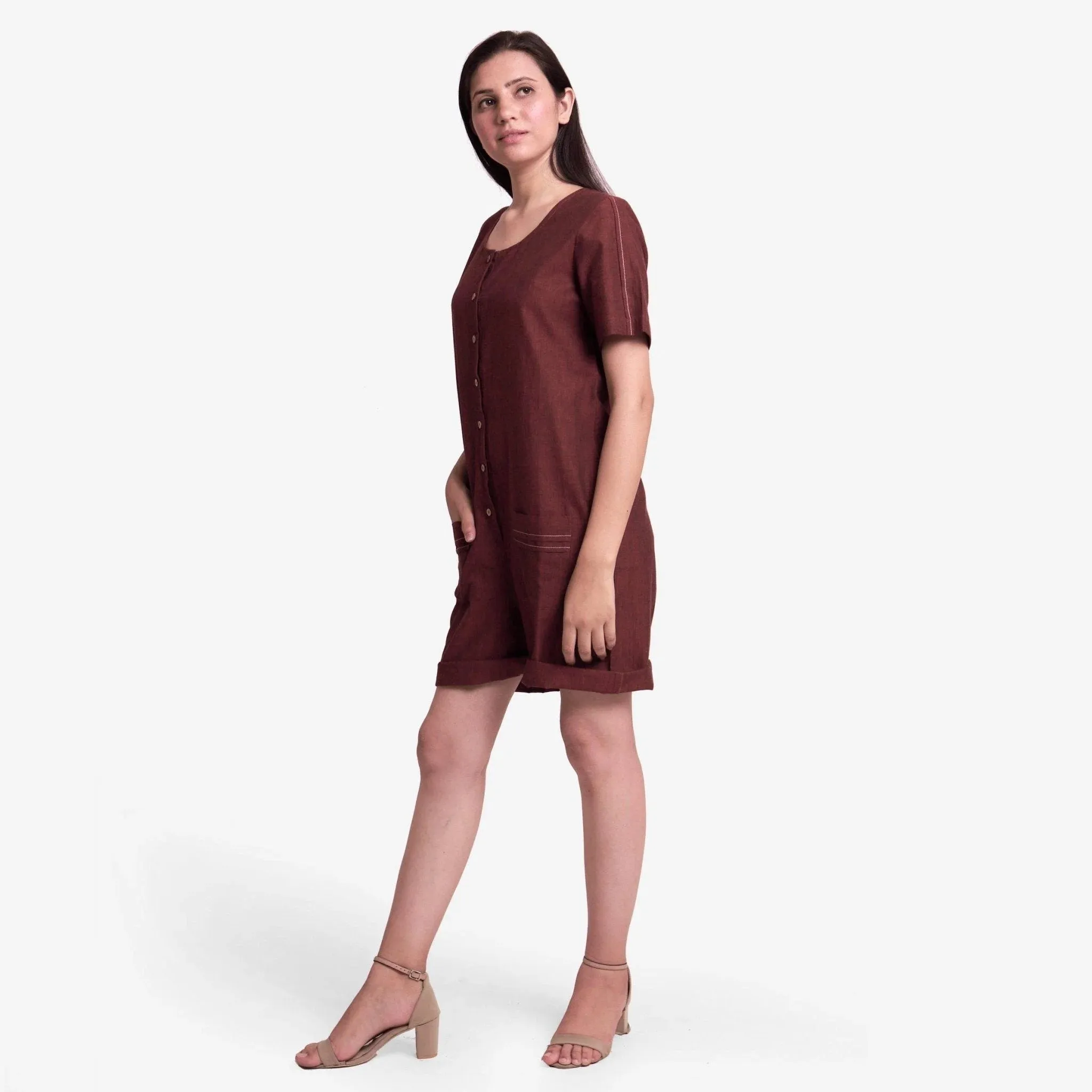 Brown Mangalgiri Cotton Button-Down Short Romper