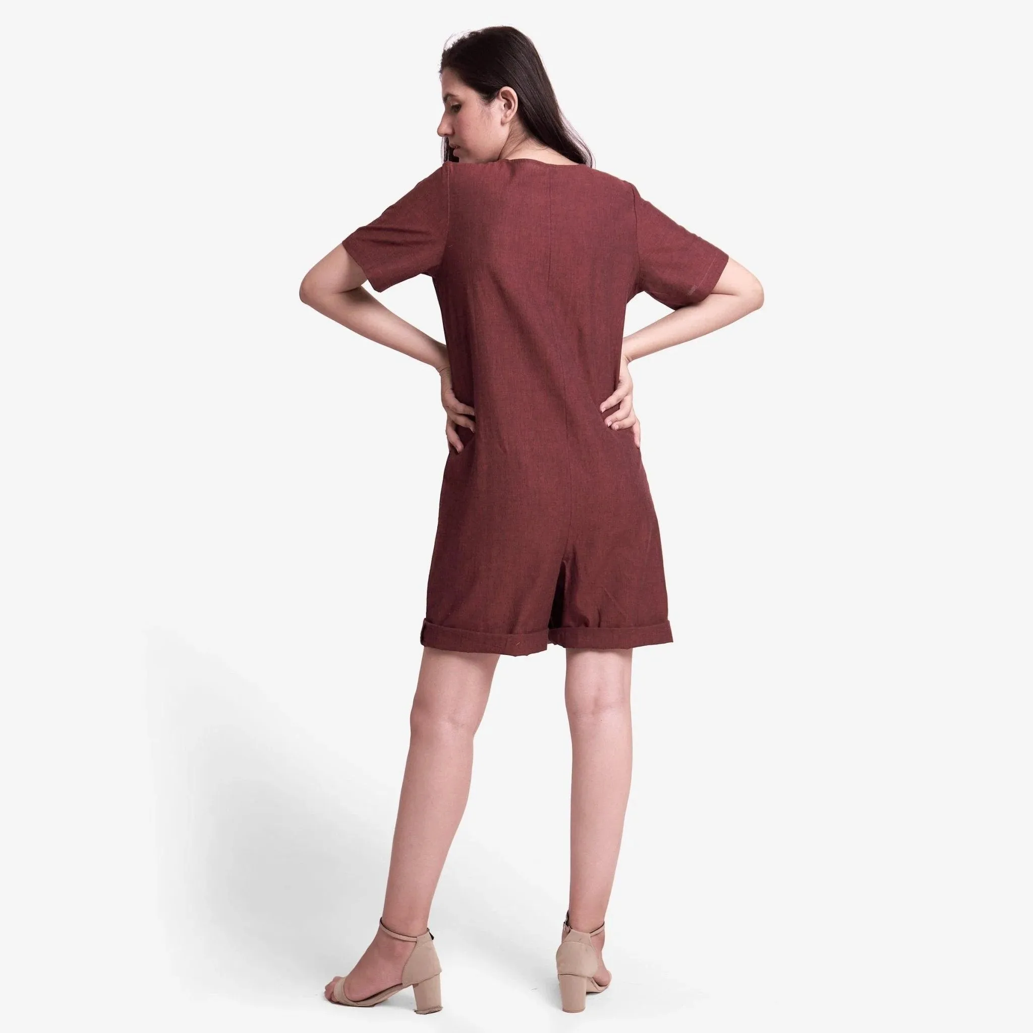 Brown Mangalgiri Cotton Button-Down Short Romper