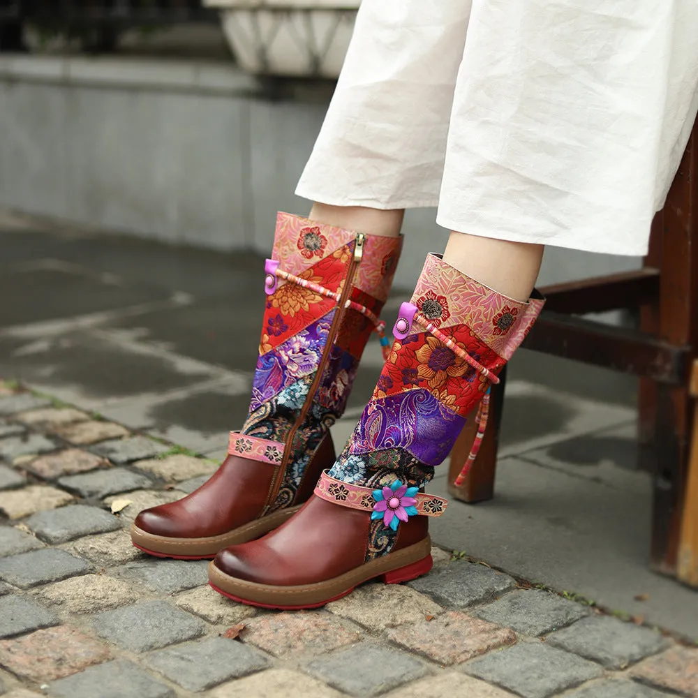 CrazycatZ Womens Leather Bohemian Knee High Boots Patterned Long Vintage Boots