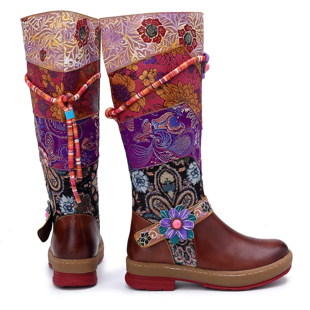 CrazycatZ Womens Leather Bohemian Knee High Boots Patterned Long Vintage Boots