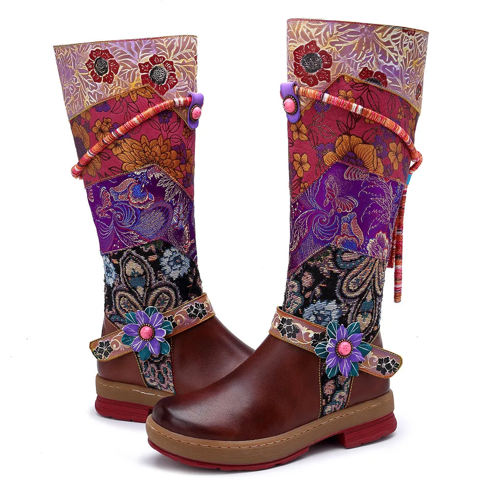 CrazycatZ Womens Leather Bohemian Knee High Boots Patterned Long Vintage Boots