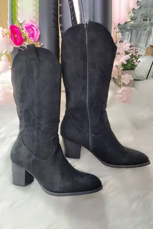 Embroidered Block Heel Knee High Boot
