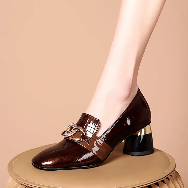 Exotic Metal Decor Square Toe Snakeskin Pumps
