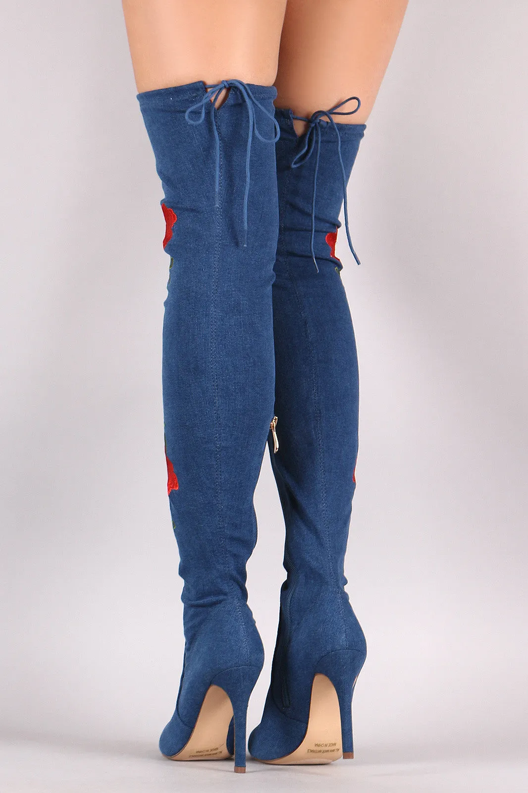 Floral Embroidered Denim OTK Boots