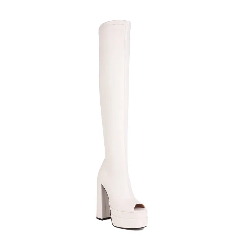 Goldy Open Toe White Thigh High Boots