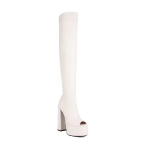 Goldy Open Toe White Thigh High Boots