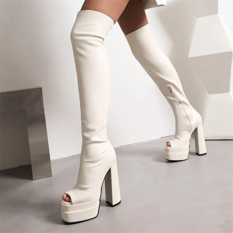 Goldy Open Toe White Thigh High Boots