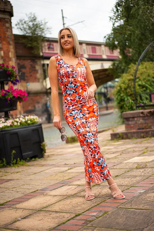 Kayla Orange Geometric Maxi Dress