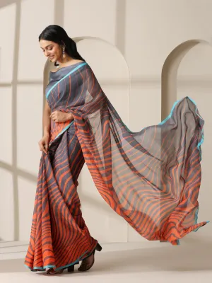 Lava Orange Waves Chiffon Print Saree with Blue Border & Grey Blouse Fabric