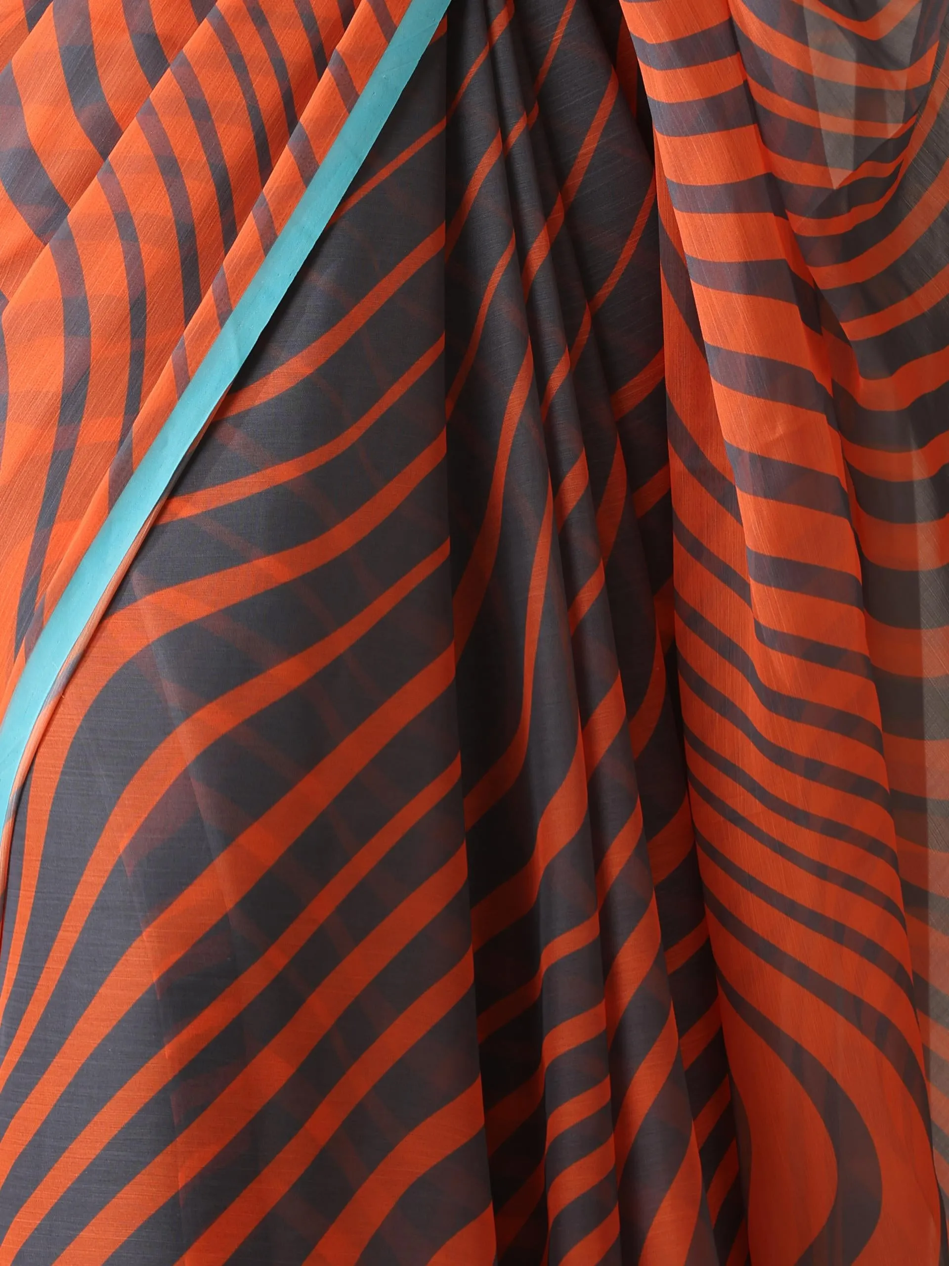 Lava Orange Waves Chiffon Print Saree with Blue Border & Grey Blouse Fabric