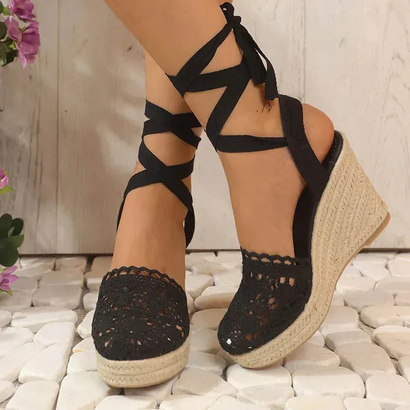Lisette - Crochet Wedge Heeled Sandals with Ankle Strap