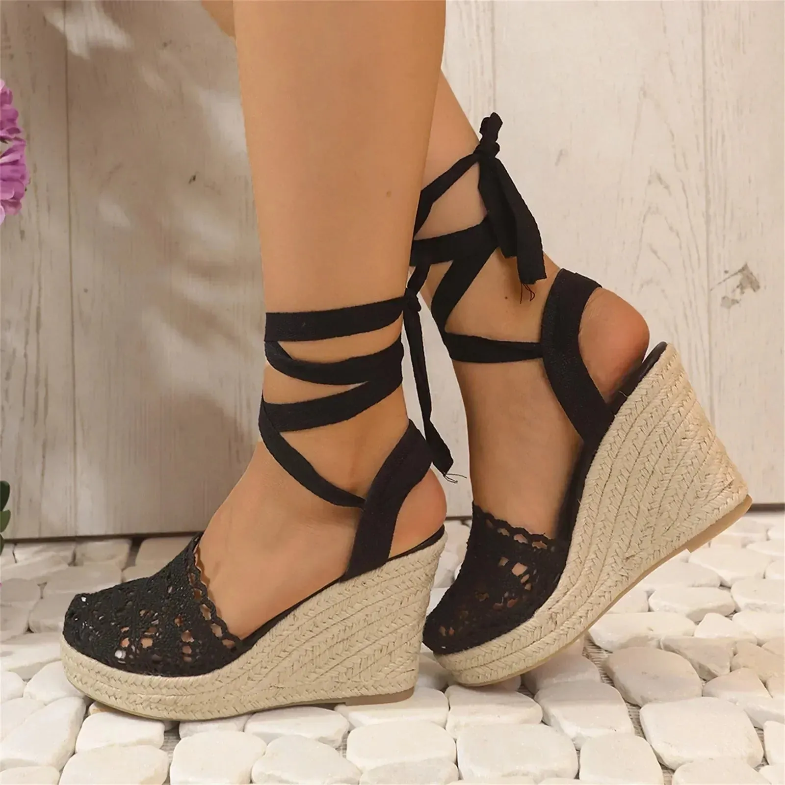 Lisette - Crochet Wedge Heeled Sandals with Ankle Strap