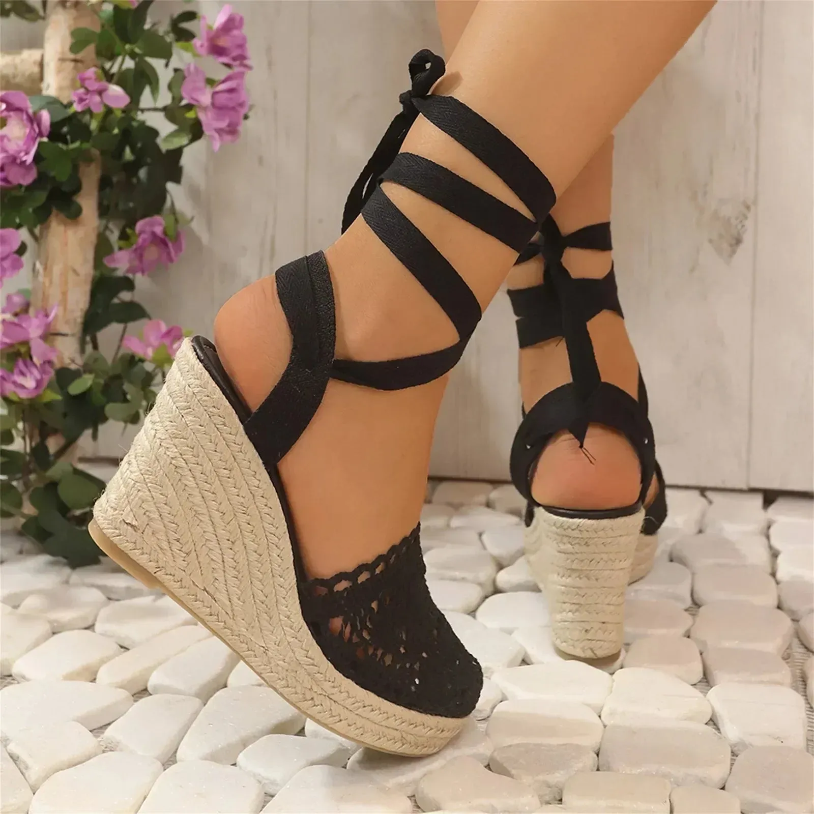 Lisette - Crochet Wedge Heeled Sandals with Ankle Strap