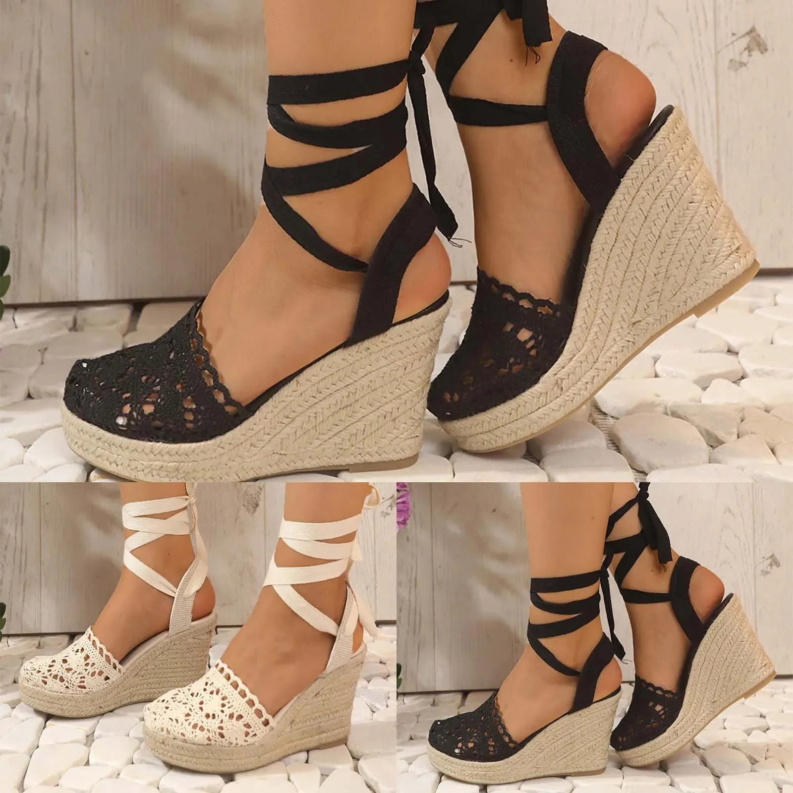 Lisette - Crochet Wedge Heeled Sandals with Ankle Strap