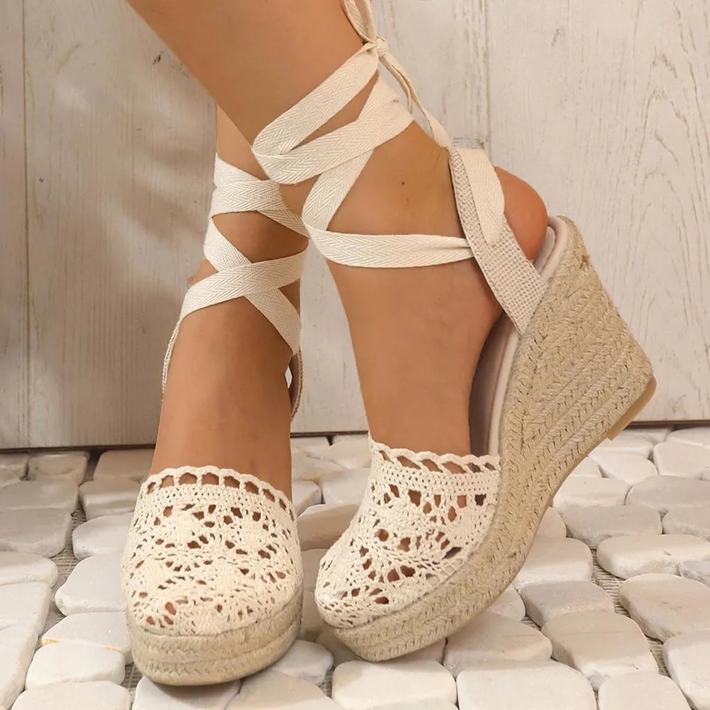 Lisette - Crochet Wedge Heeled Sandals with Ankle Strap