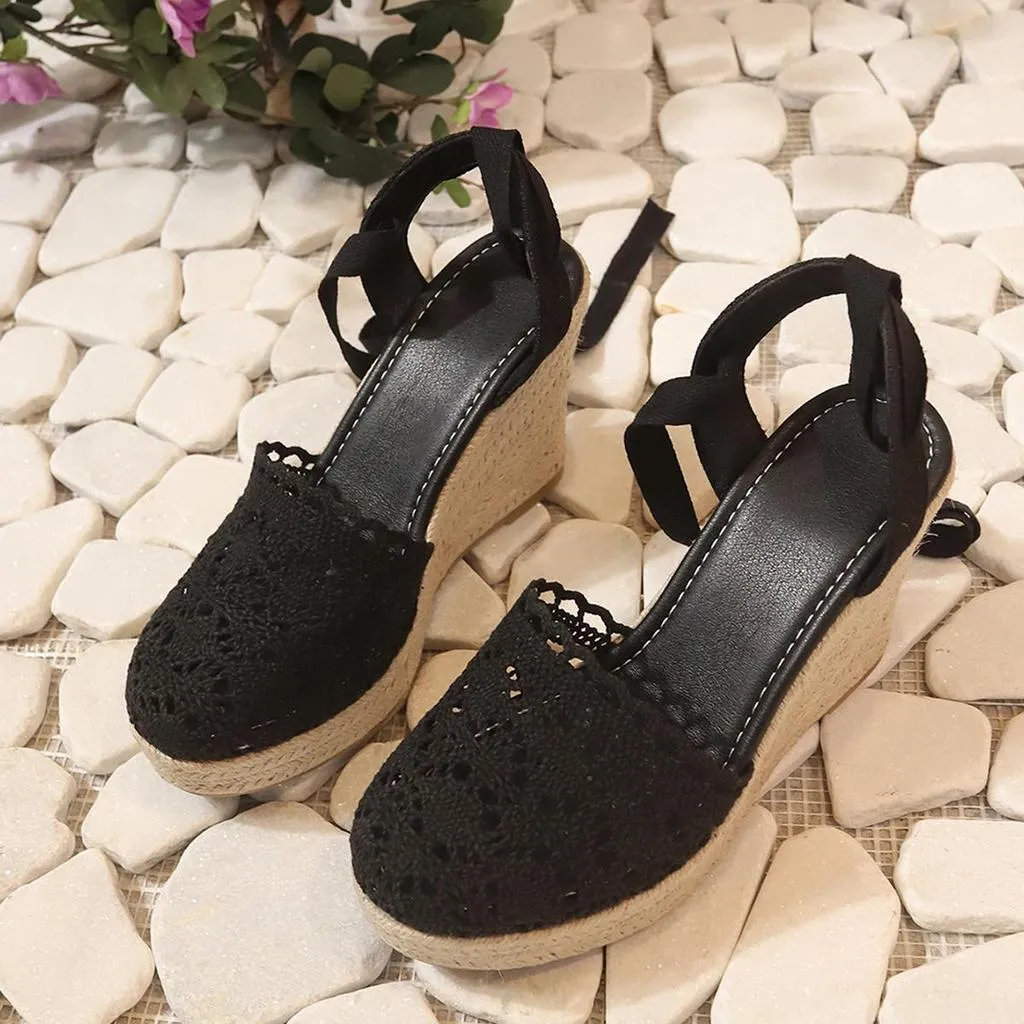 Lisette - Crochet Wedge Heeled Sandals with Ankle Strap