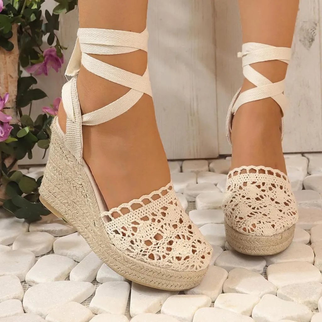 Lisette - Crochet Wedge Heeled Sandals with Ankle Strap
