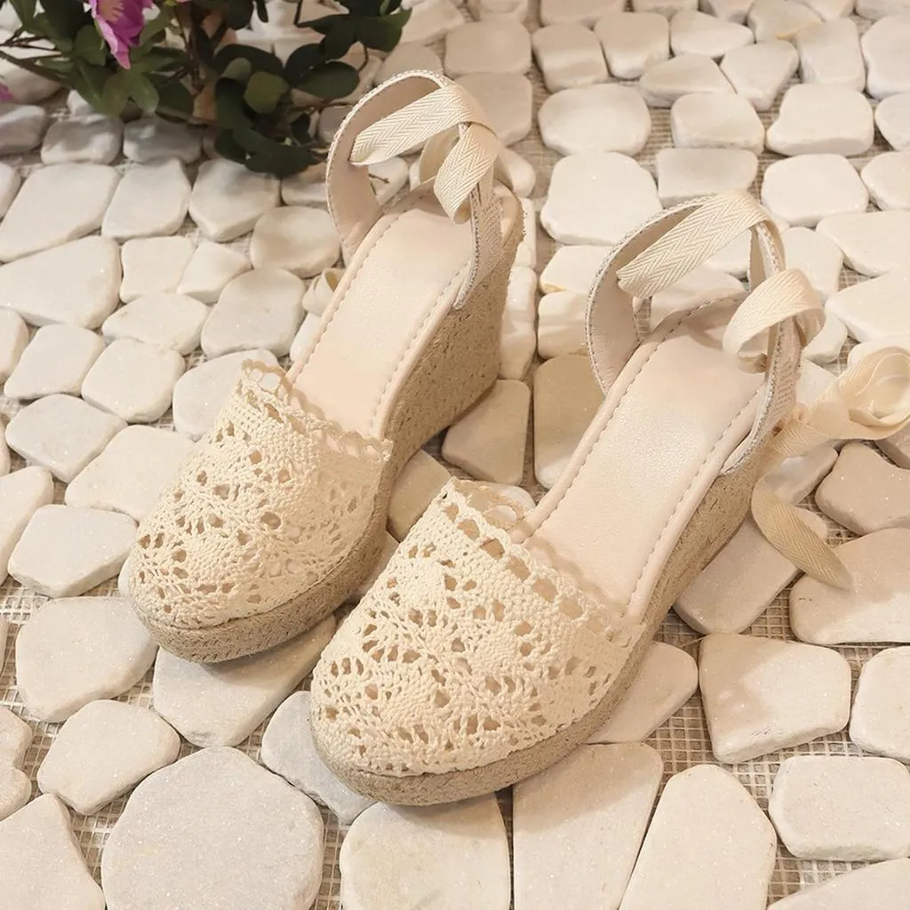 Lisette - Crochet Wedge Heeled Sandals with Ankle Strap