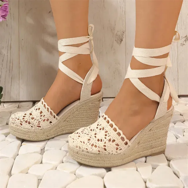 Lisette - Crochet Wedge Heeled Sandals with Ankle Strap
