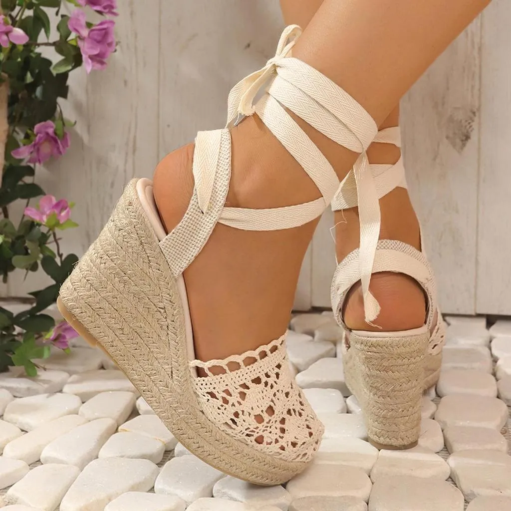 Lisette - Crochet Wedge Heeled Sandals with Ankle Strap