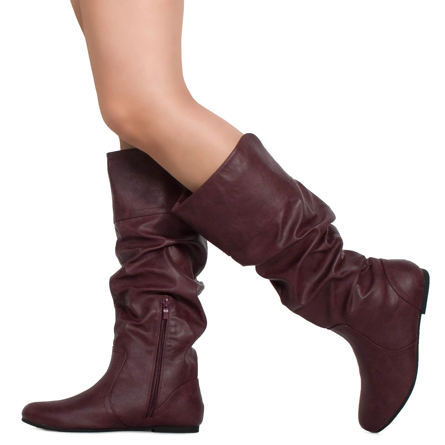 "Medium Calf" Slouchy Knee High Boots WINE PU
