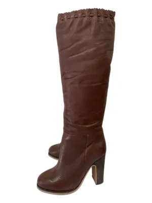 See By Chloe Shoe Size 37 Brown Leather Almond Toe Stacked Block Heel Boots