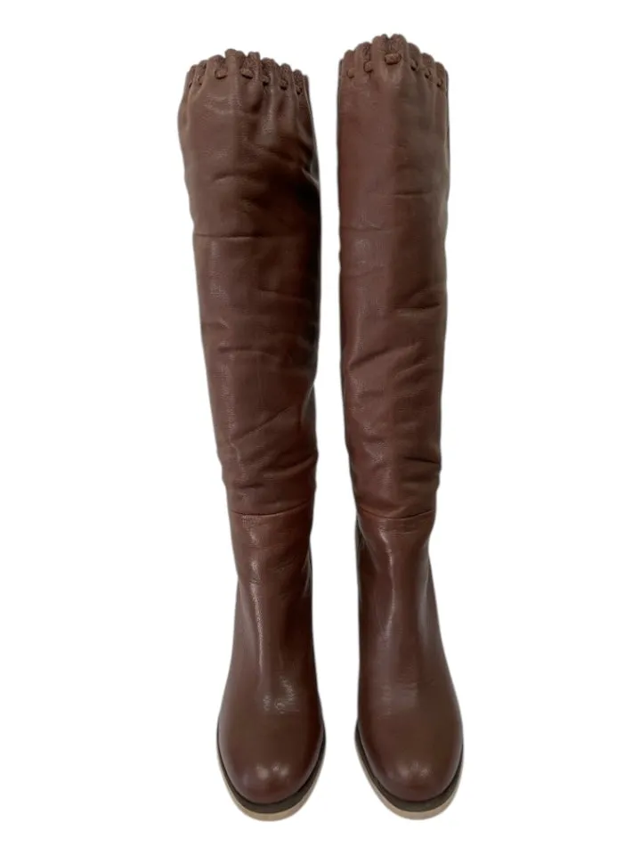 See By Chloe Shoe Size 37 Brown Leather Almond Toe Stacked Block Heel Boots