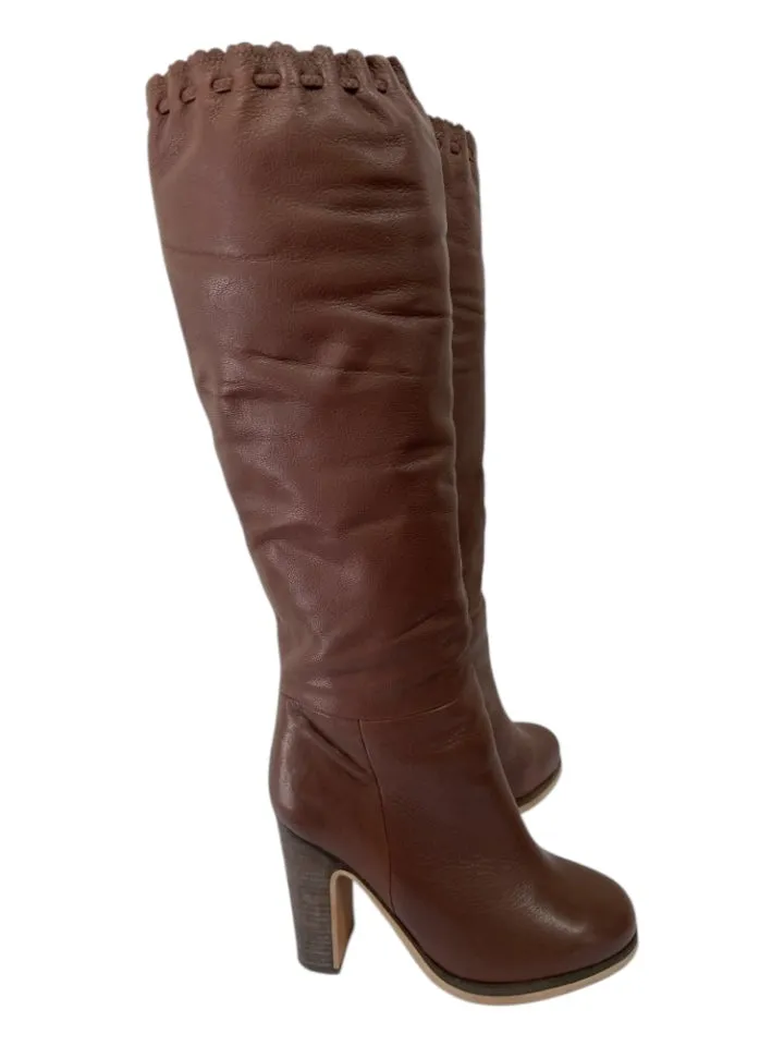 See By Chloe Shoe Size 37 Brown Leather Almond Toe Stacked Block Heel Boots