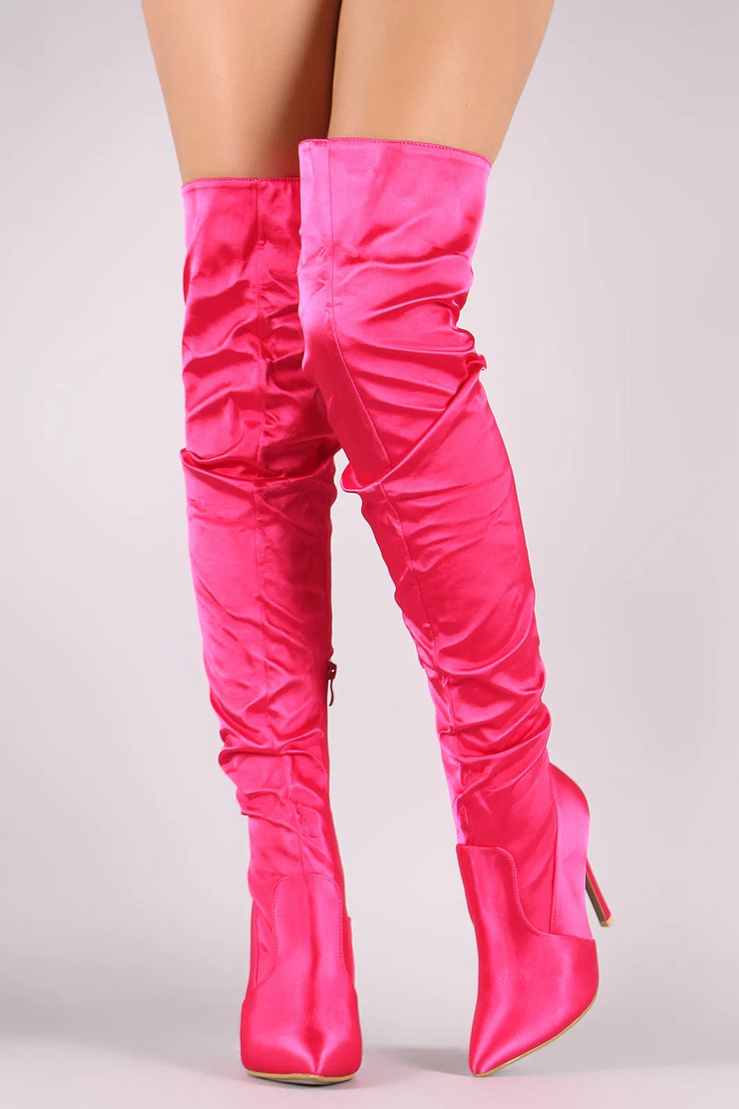 Slouchy Satin Pointy Toe Stiletto Over-The-Knee Boots