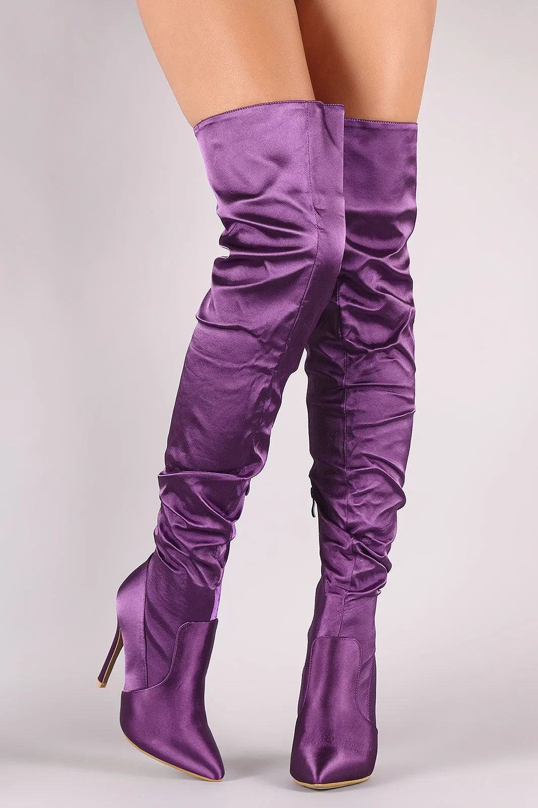 Slouchy Satin Pointy Toe Stiletto Over-The-Knee Boots